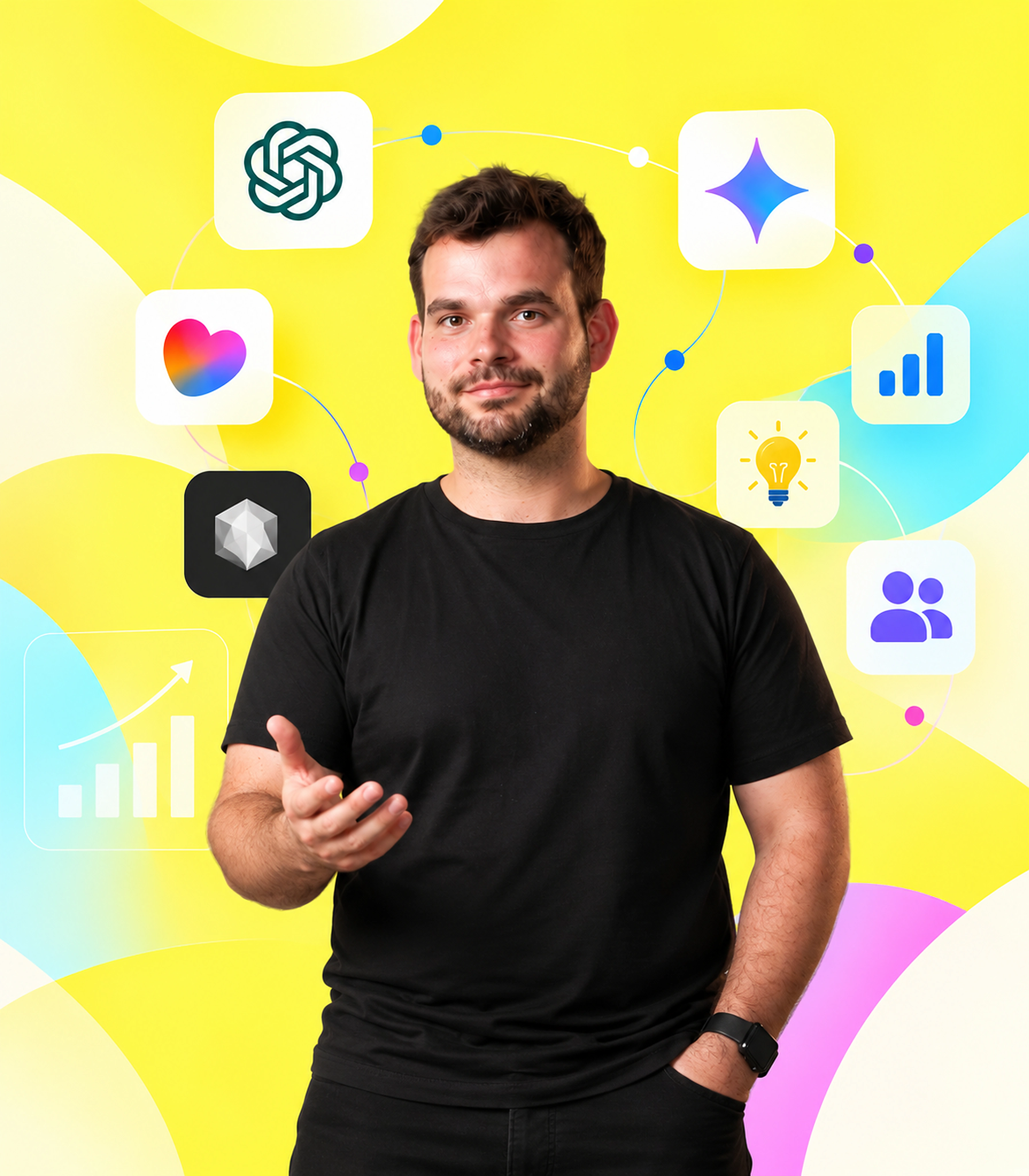 Diogo Alves de Resende surrounded by data and AI symbols